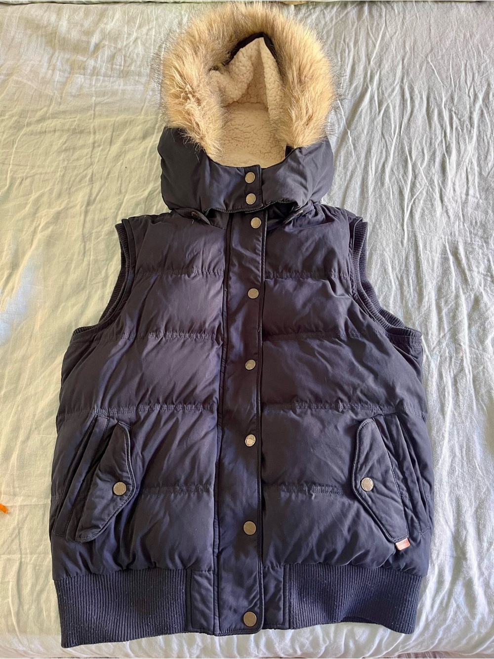 FatFace Women’s Navy Padded Vest with Faux Fur Hood/Sherpa Lined
